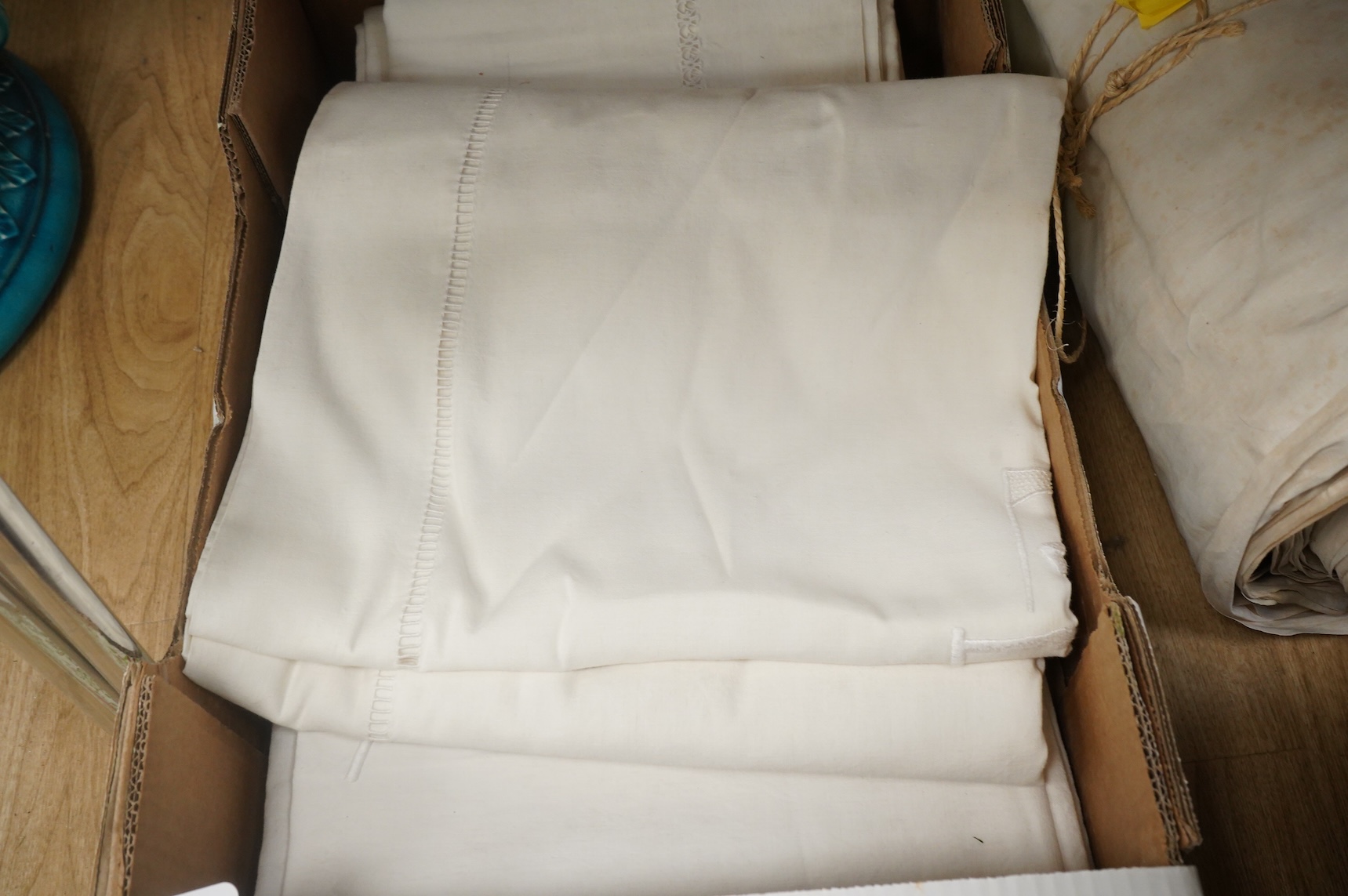 Six French provincial coarse linen monogrammed top sheets